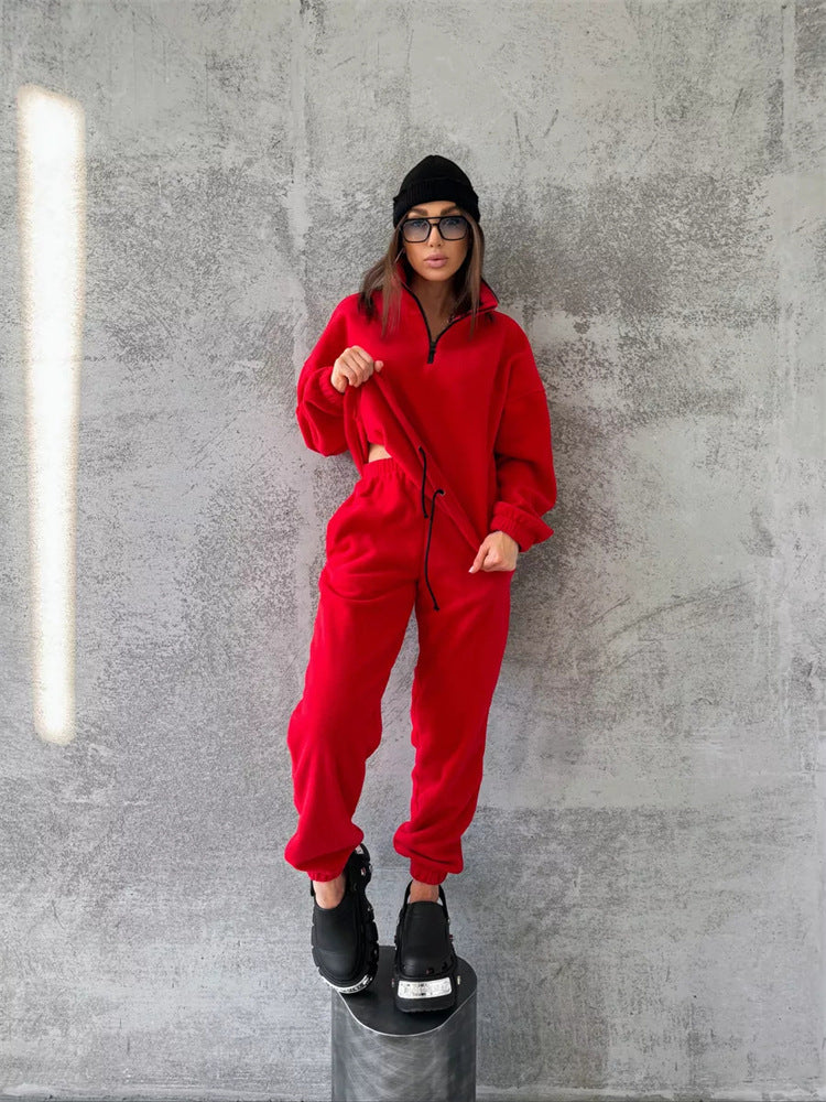 Damen Fleece-Lounge-Set mit hochschließendem Kragen und verstellbarem Bund Drune