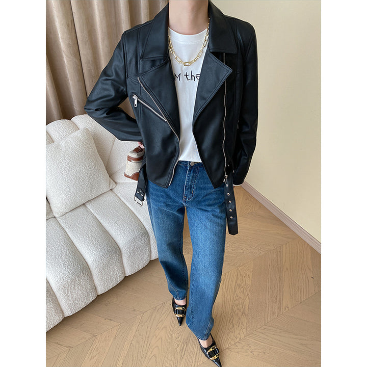 Damen modische Bikerjacke aus hochwertigem Kunstleder mit taillierter Passform Drune