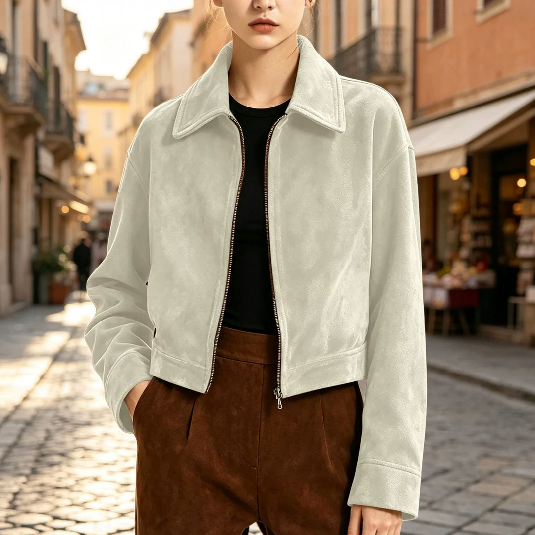 Damen Kurzjacke aus Wildlederoptik mit Reißverschluss und weitem Hemdkragen Drune