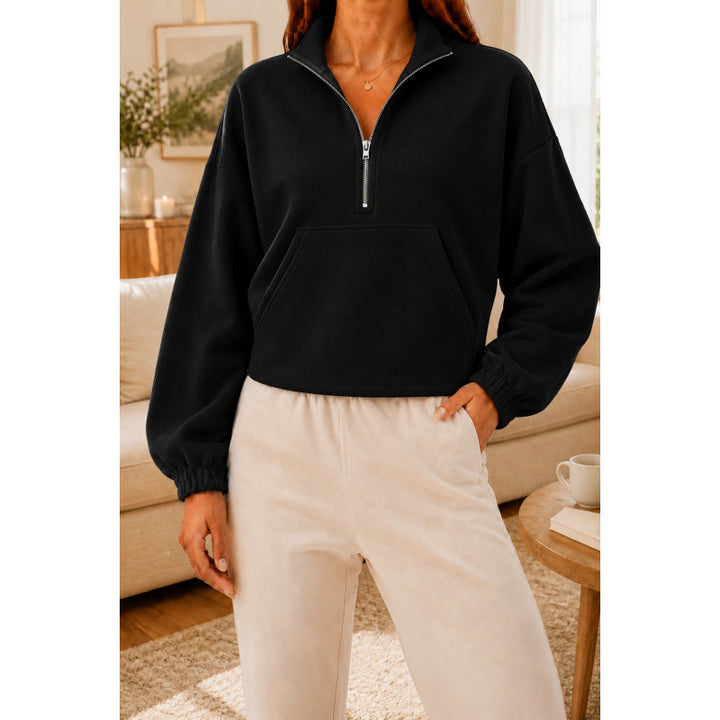 Damen Kurz geschnittener Sweatshirt-Pullover mit halbem Reißverschluss und Kängurutasche Drune