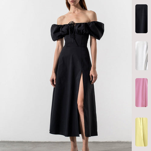 Damen Maxikleid mit schulterfreiem Design und voluminösen Puffärmeln Drune