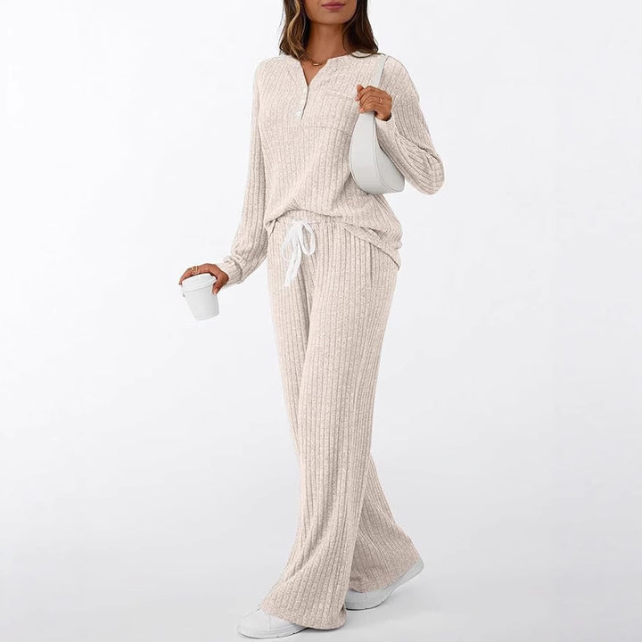 Damen Rippstrick-Lounge-Set mit Knopfleiste und weitem Kordelbund-Hose Drune