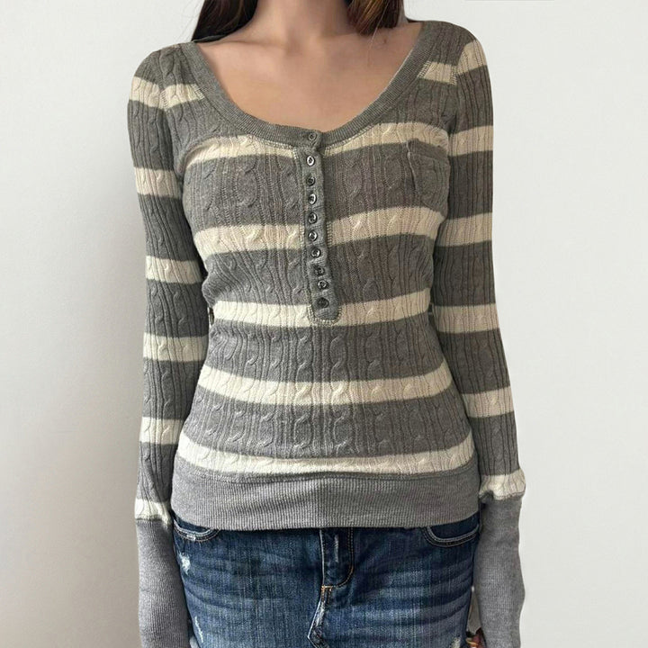 Damen Gestreifter Feinstrick-Pullover mit Zopfmuster und Knopfleiste Drune