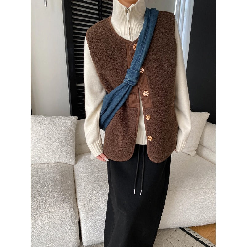 Damen Fleece-Weste mit Knopfdetails und hohem Kragen Drune
