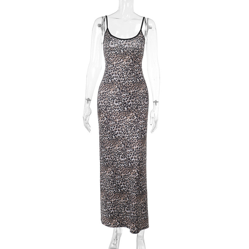 Damen elegantes Maxikleid mit tierischem Muster und schmalen Trägern Drune