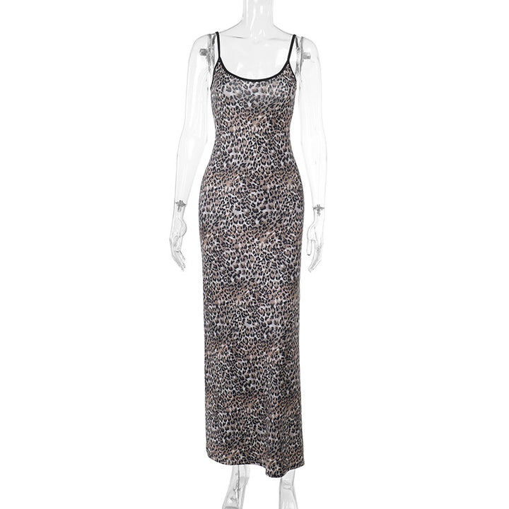 Damen elegantes Maxikleid mit tierischem Muster und schmalen Trägern Drune