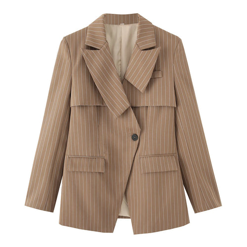 Damen nan gestreifter Oversize-Blazer mit asymmetrischer Schalkragen-Überlagerung und Pattentaschen Drune