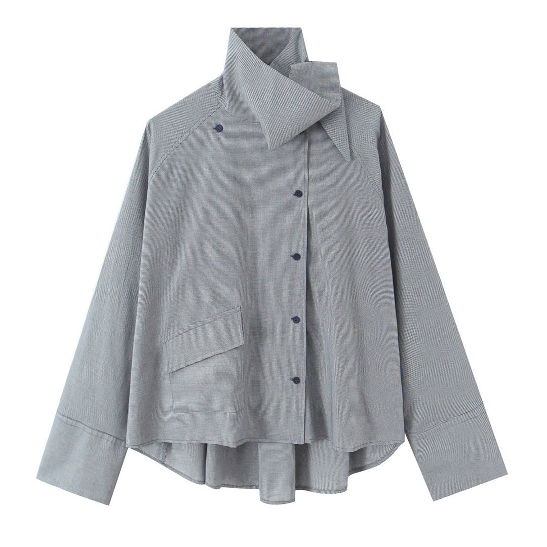 Damen Oversize-Bluse mit hohem Schalkragen und asymmetrischer Knopfleiste Drune