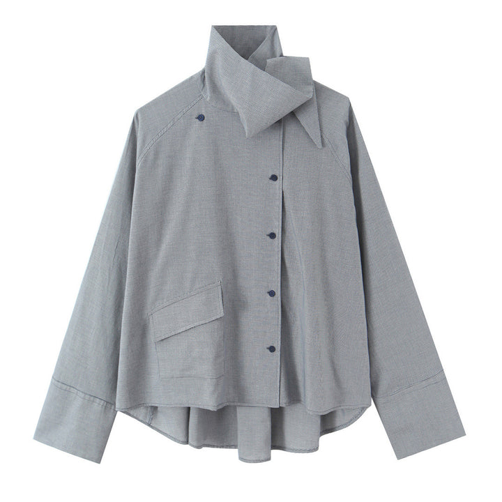 Damen Oversize-Bluse mit hohem Schalkragen und asymmetrischer Knopfleiste Drune
