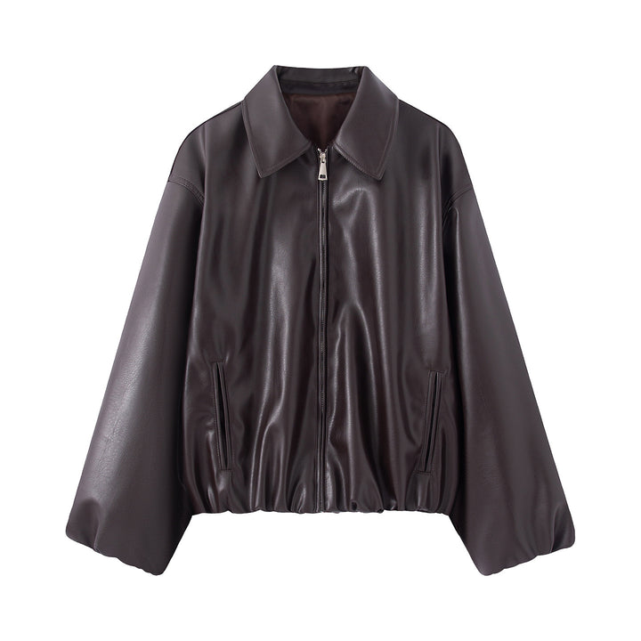 Damen nan kastiger Oversized Kunstlederblouson mit Hemdkragen, verdecktem Reißverschluss, verdeckten Leisten- taschen und elastischem Saum Drune