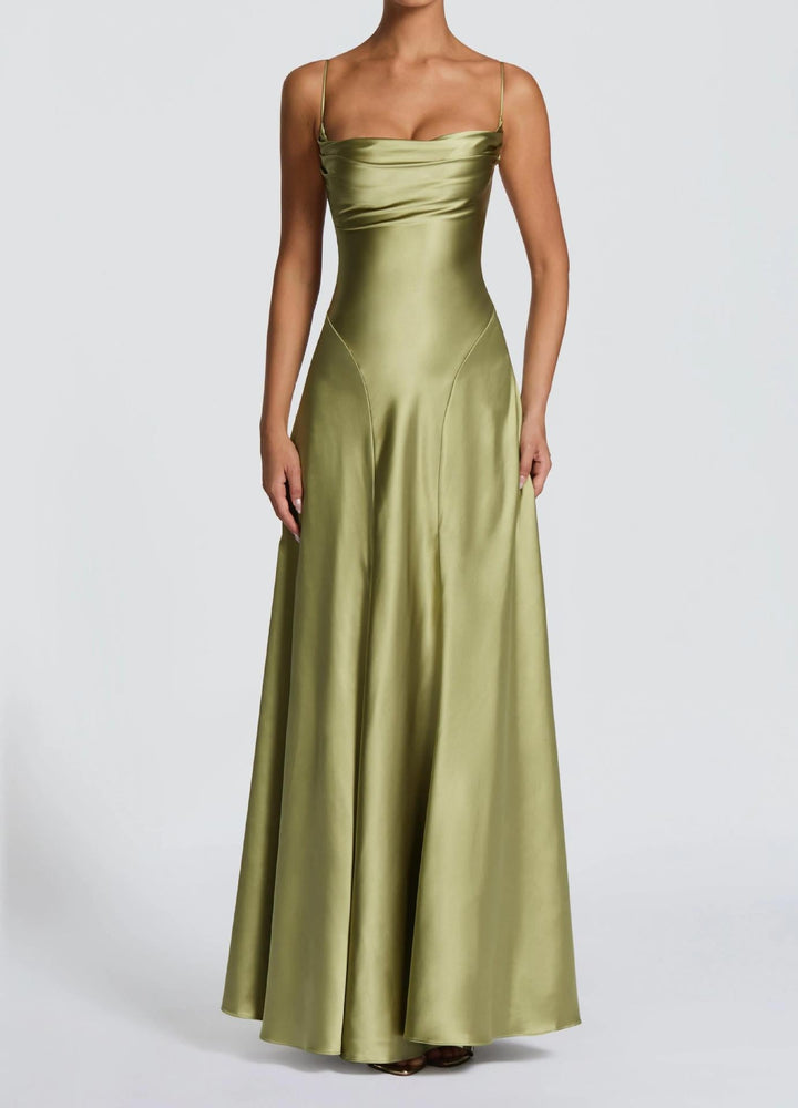 Damen Elegantes Maxi-Kleid mit fließendem Satin und verführerischem Spaghettiträger Drune
