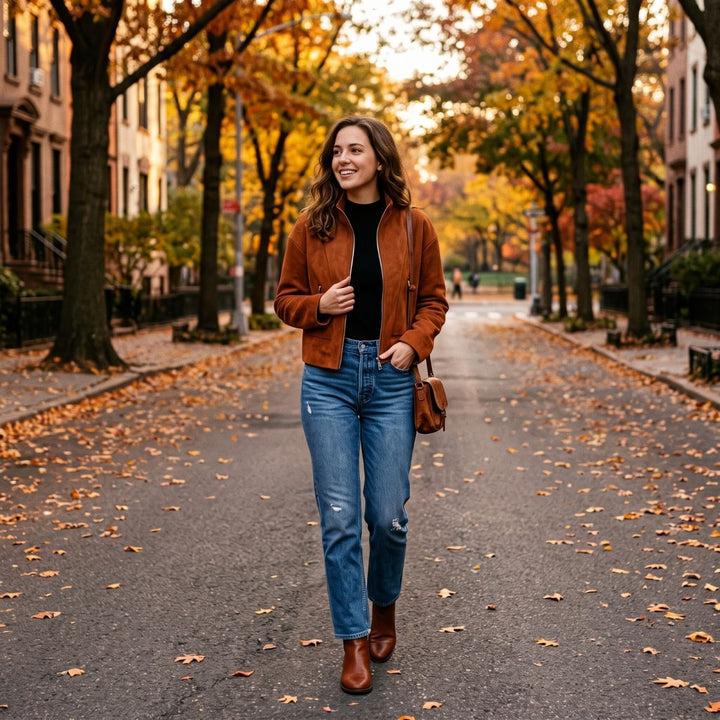 Damen Kurzjacke im Boxy-Cropped-Schnitt aus Velourslederoptik mit Stehkragen und Metallreißverschlüssen Drune