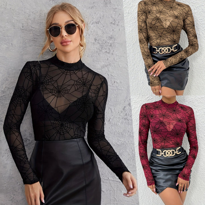 Damen nan transparentes Netzoberteil mit Spinnennetzmuster und Stehkragen Drune