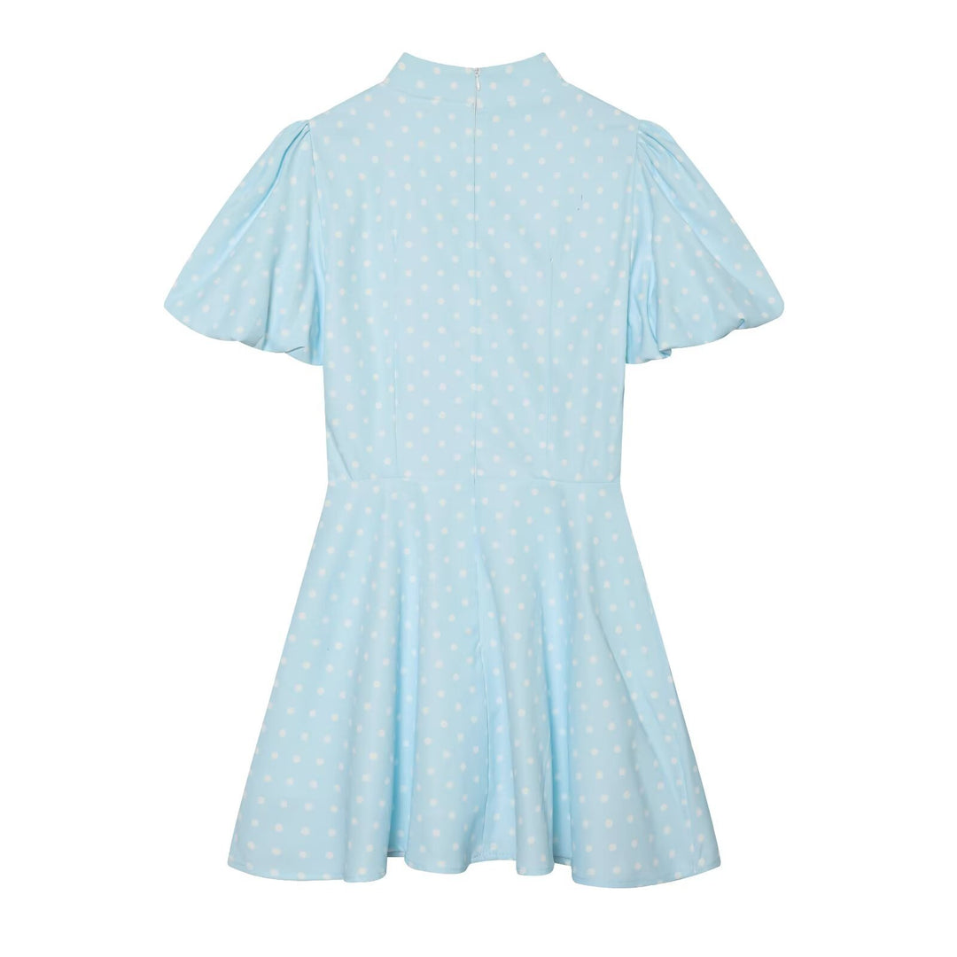 Damen Gepunktetes A‑Linien‑Kleid mit Stehkragen, Taillierung und Ballonärmeln Drune