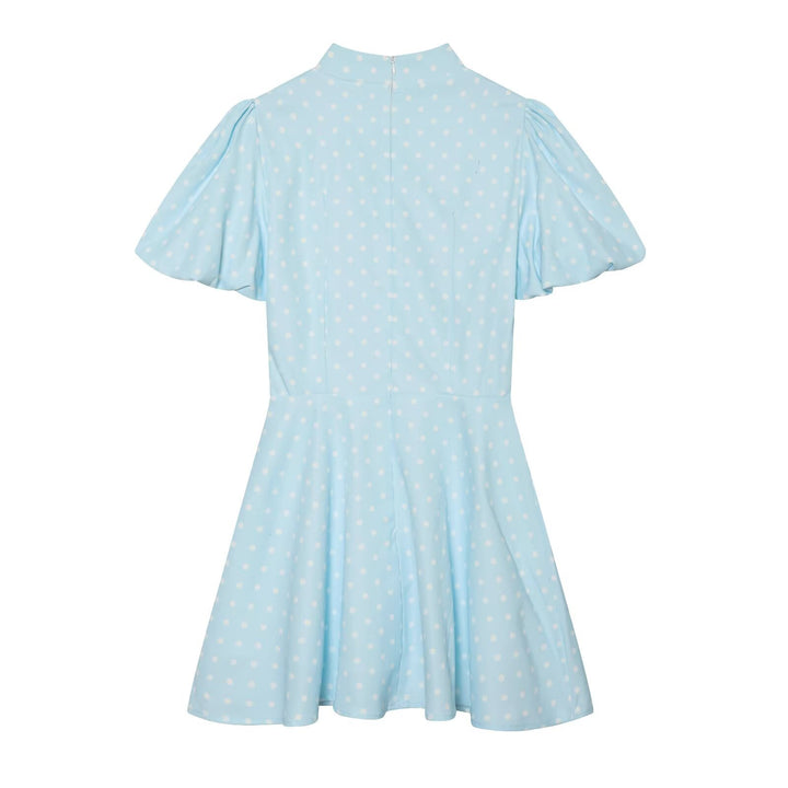 Damen Gepunktetes A‑Linien‑Kleid mit Stehkragen, Taillierung und Ballonärmeln Drune