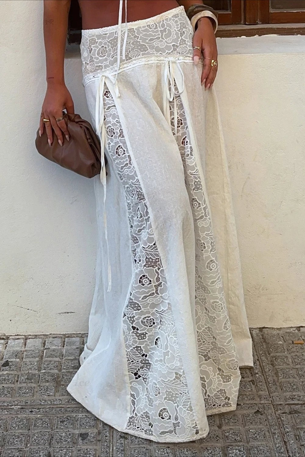 Damen Maxi-Rock mit elegantem Spitzen-Design und seitlichen Bändern Drune