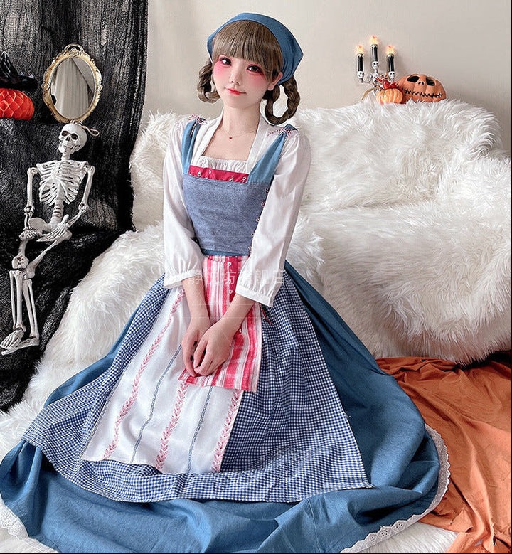 Damen Vintage Schürzenkleid mit fließendem Rock und zarten Rüschendetails Drune