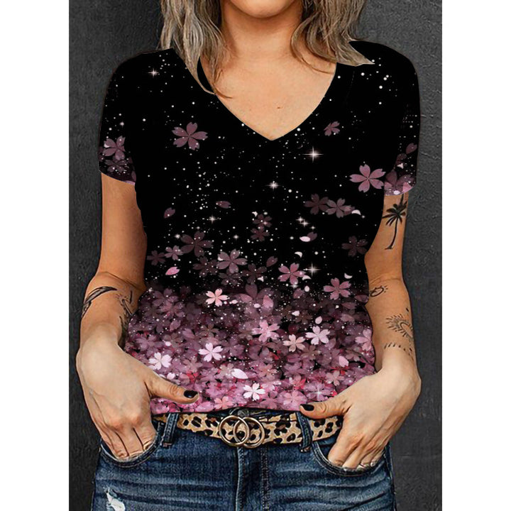 Damen V-Ausschnitt T-Shirt mit floralem Muster und Glitzerakzenten Drune