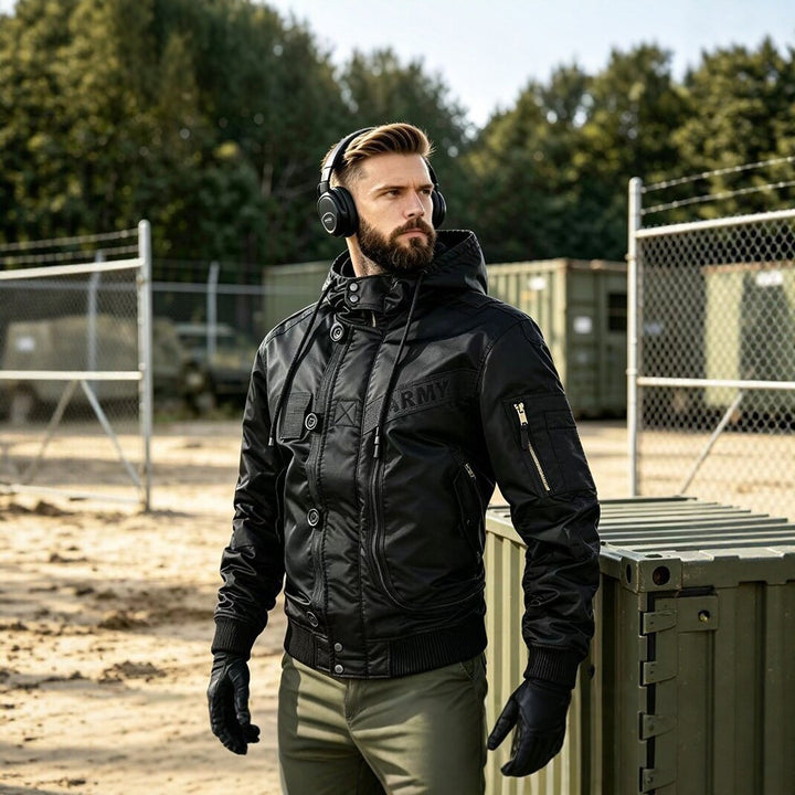 Herren Militärinspirierte Kapuzen-Bomberjacke mit Utility-Taschen Drune
