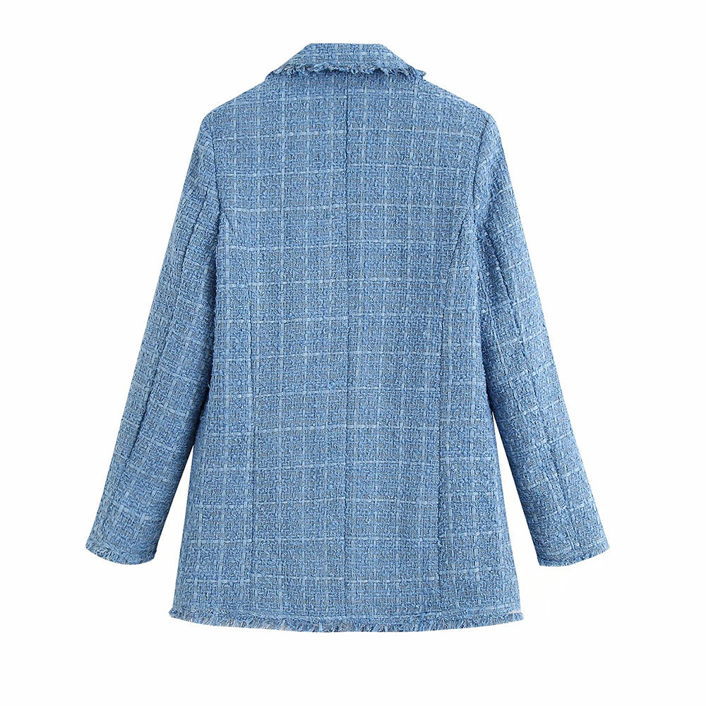 Damen Doppelreihiger Bouclé-Tweed-Blazer mit Fransenbesatz Drune