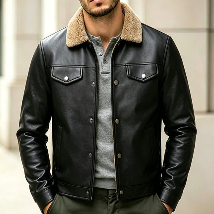 Herren Kunstlederjacke mit Teddykragen Drune