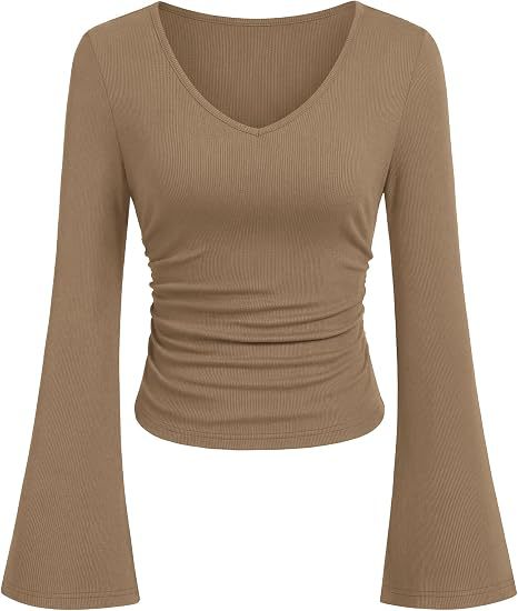 Damen Geripptes Cropped-Top mit V-Ausschnitt, taillierter Raffung und ausgestellten Trompetenärmeln Drune