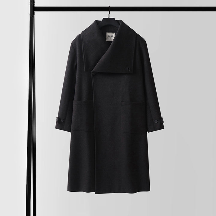 Damen Eleganter langer Wollmix-Cocoon-Mantel mit überlappendem Schalkragen und aufgesetzten Taschen Drune