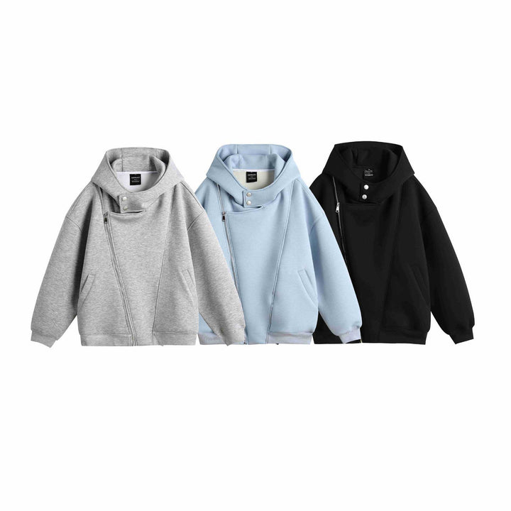 Unisex Oversize Kapuzen‑Zipjacke mit asymmetrischem Reißverschluss und hohem Funnelkragen Drune
