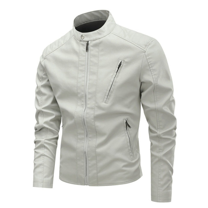 Herren Modische Kunstlederjacke mit Stehkragen und hochwertigen Reißverschlüssen Drune