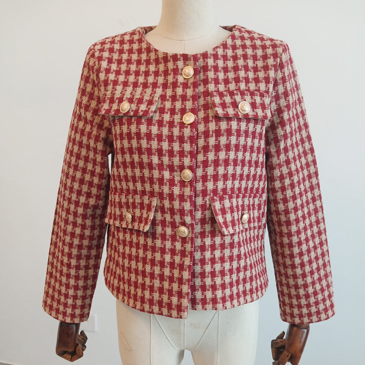 Damen nan taillierte Bouclé-Tweed-Jacke mit Hahnentrittmuster, goldenen Zierknöpfen und aufgesetzten Klappentaschen Drune
