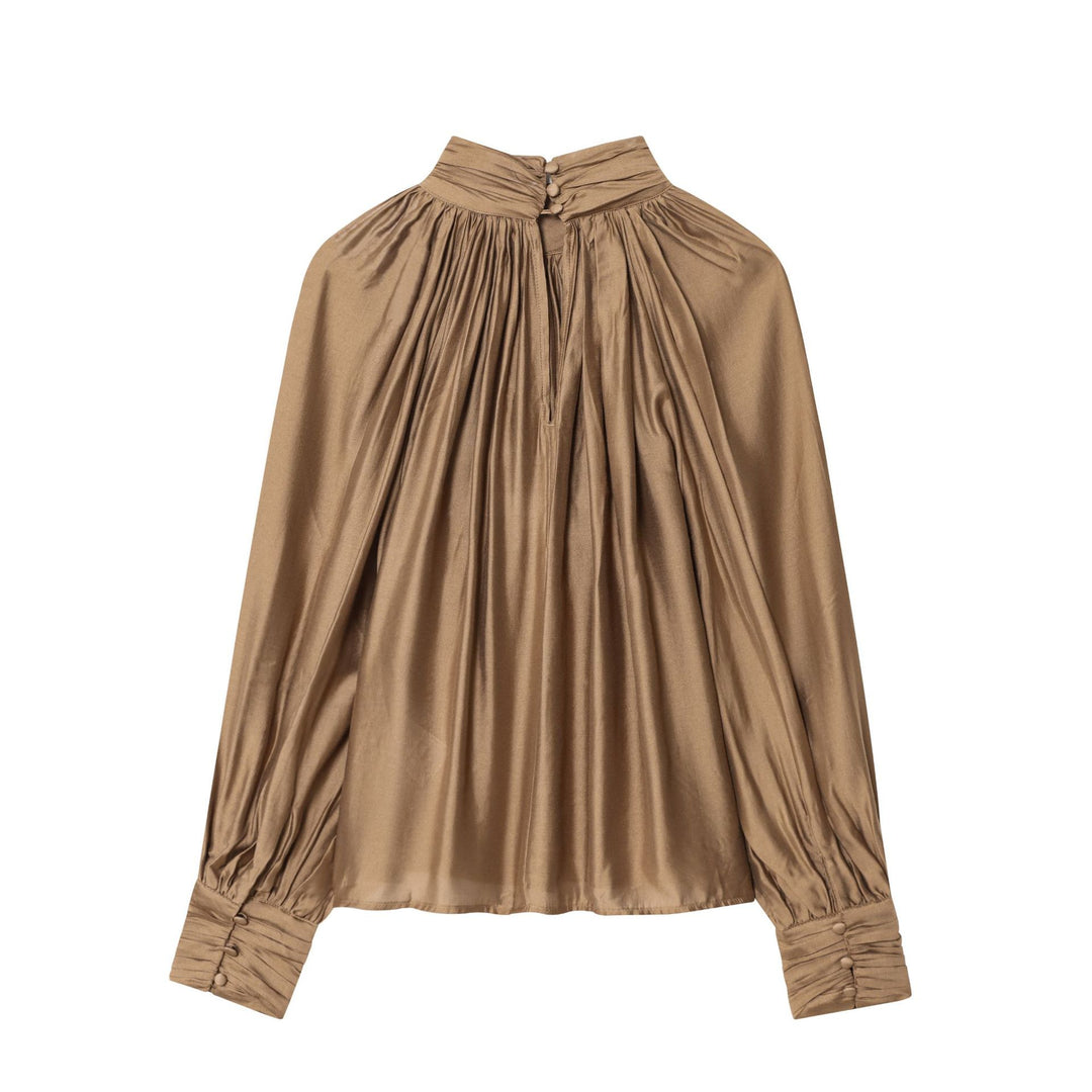 Damen nan plissierte Highneck-Bluse aus seidenähnlichem Satin mit Ballonärmeln und gerafften Manschetten Drune