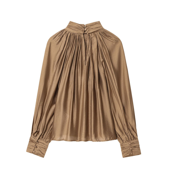 Damen nan plissierte Highneck-Bluse aus seidenähnlichem Satin mit Ballonärmeln und gerafften Manschetten Drune