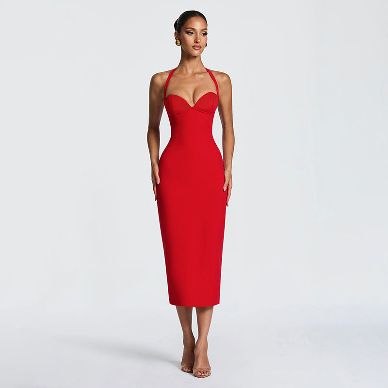 Damen Figurbetontes Midi-Kleid mit Herzausschnitt und verstellbaren Trägern Drune