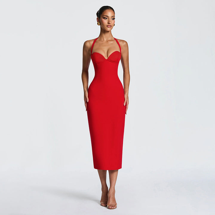 Damen Figurbetontes Midi-Kleid mit Herzausschnitt und verstellbaren Trägern Drune