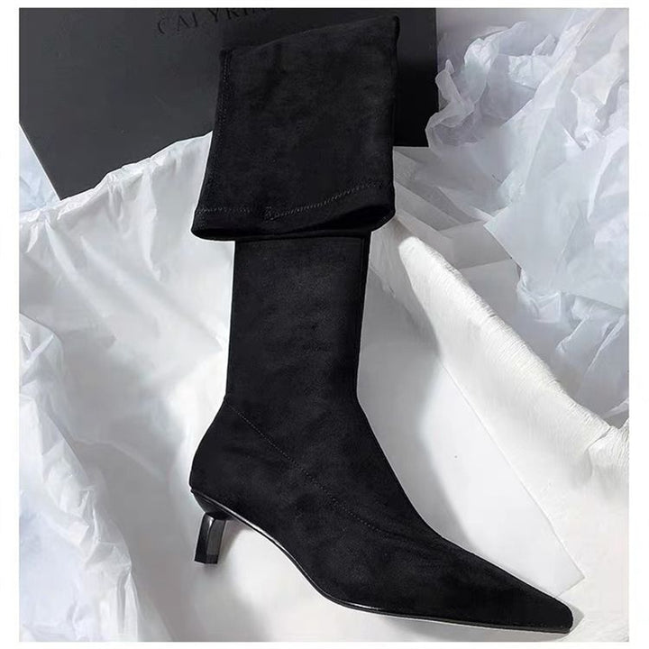 Damen Kniestiefel mit Umschlagschaft, spitzer Zehenform und Kitten‑Absatz Drune