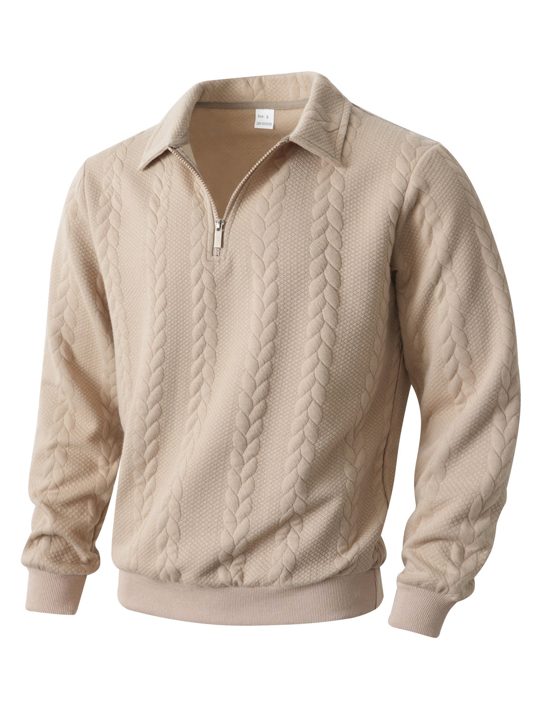 Herren nan Halbzip-Pullover mit Kentkragen, Zopfstrickstruktur und geripptem Saum Drune