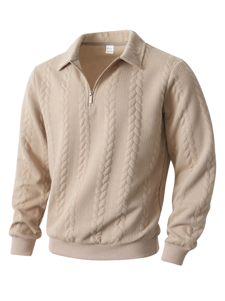 Herren nan Halbzip-Pullover mit Kentkragen, Zopfstrickstruktur und geripptem Saum Drune