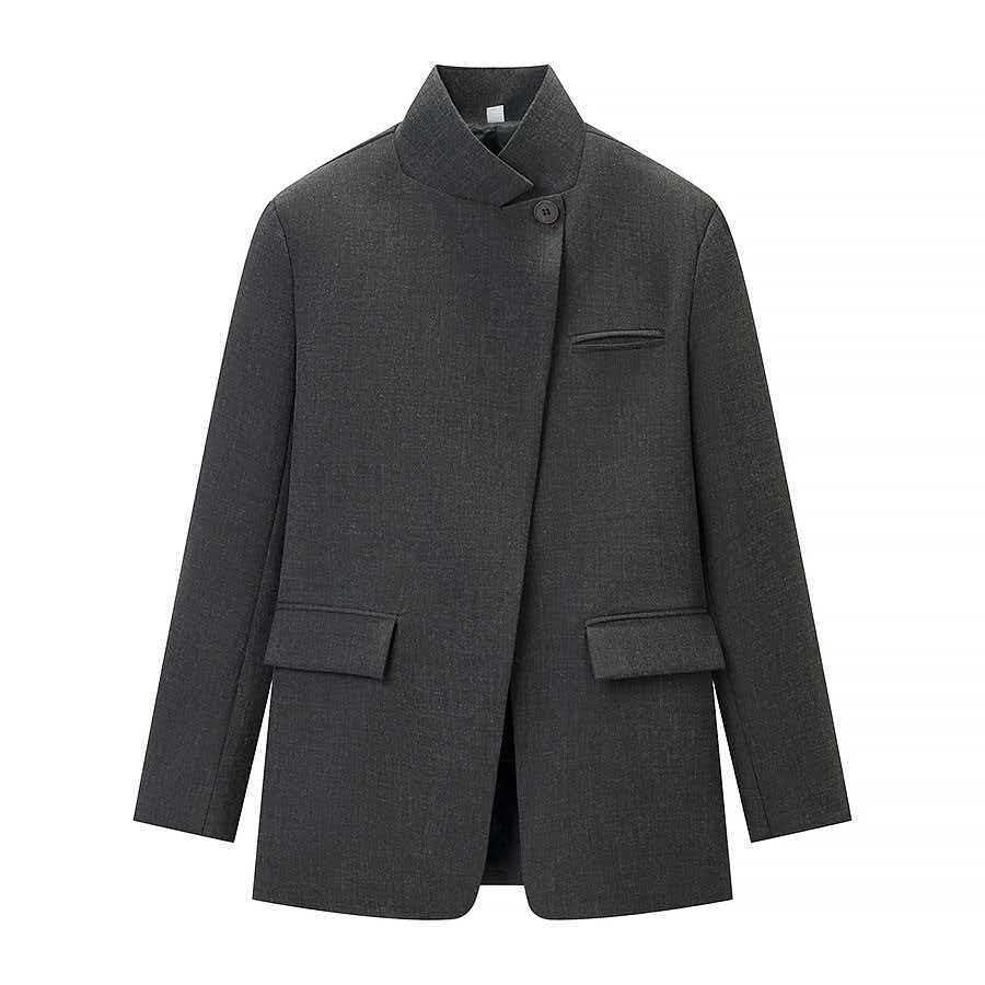 Damen nan taillierter Karo-Mantelblazer mit Stehkragen, asymmetrischer Knopfblende und Pattentaschen Drune