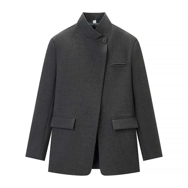 Damen nan taillierter Karo-Mantelblazer mit Stehkragen, asymmetrischer Knopfblende und Pattentaschen Drune