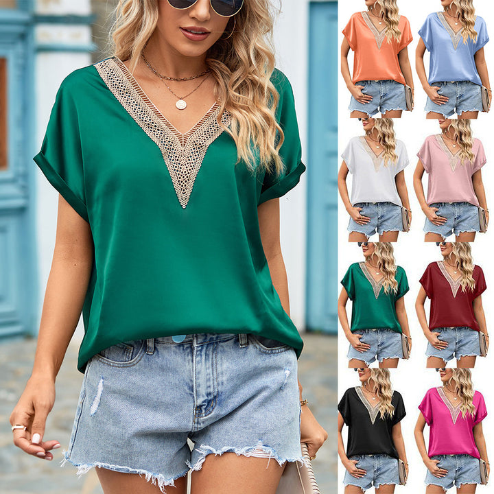 Damen Bluse mit tiefem V-Ausschnitt und Häkelakzenten Drune