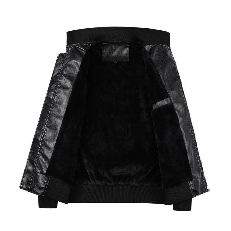 Herren Kunstleder-Bomberjacke im Vintage‑Fliegerstil mit geripptem Stehkragen und dekorativen Aufnähern Drune