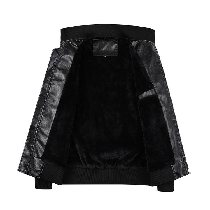 Herren Kunstleder-Bomberjacke im Vintage‑Fliegerstil mit geripptem Stehkragen und dekorativen Aufnähern Drune