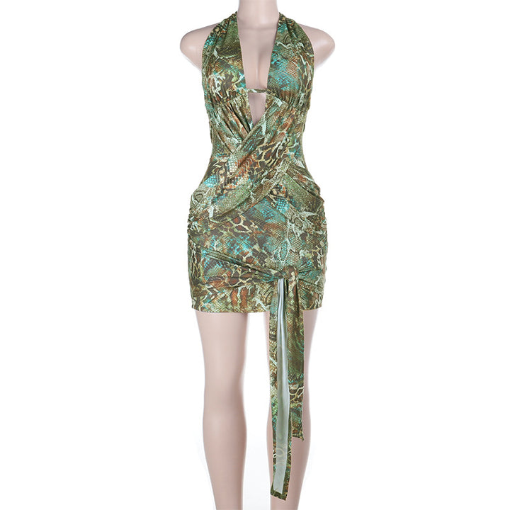 Damen kurzes Wickelkleid mit tiefem Ausschnitt und aufregendem Schlangenmotiv Drune