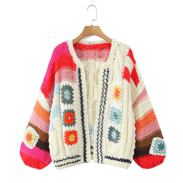 Damen Strickjacke im kreativen Patchwork-Design mit weitem Schnitt Drune