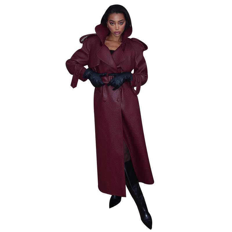 Damen Kunstleder Trenchcoat mit Oberteil und Taillengürtel Drune