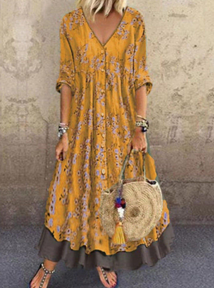 Damen Maxikleid im Boho‑Stil mit V‑Ausschnitt, durchgehender Knopfleiste und Stufenrock Drune