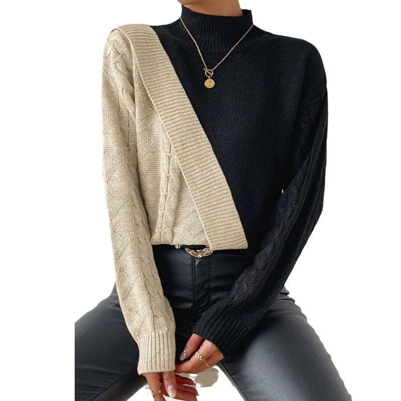 Damen Strickpullover mit asymmetrischem Zopfmuster und hohem Kragen Drune