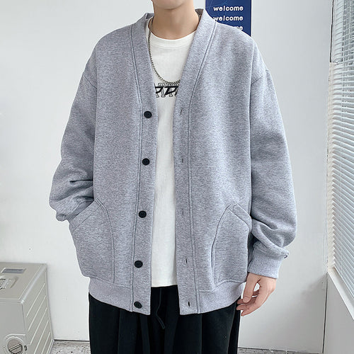 Herren nan oversized Strickcardigan mit V-Ausschnitt, aufgesetzten Rundtaschen und lässiger Drop-Shoulder-Silhouette Drune