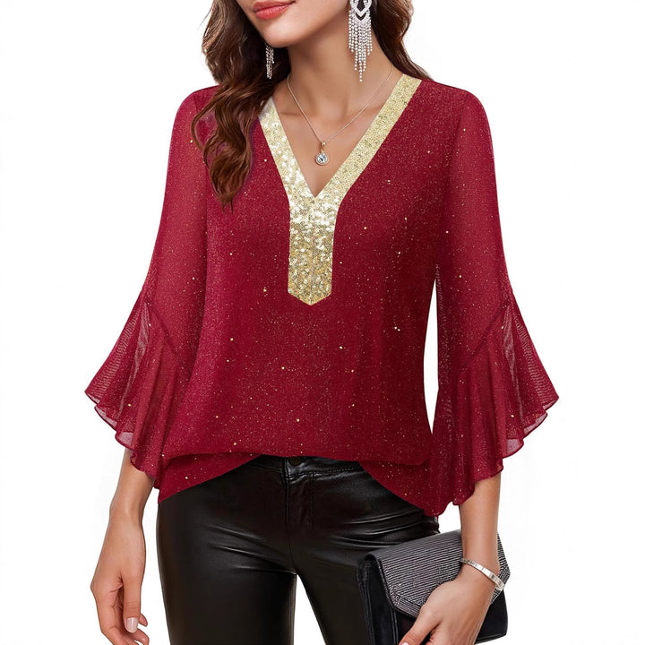 Damen Festliche Mesh-Bluse mit V-Ausschnitt, Paillettenbesatz und Volantärmeln Drune