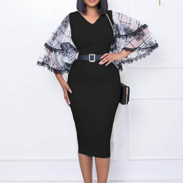 Damen Elegantes Etuikleid mit transparenten Spitzenärmeln und Gürtel Drune